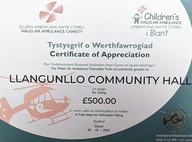 Welsh Air Ambulance Certificate for £500 from Llangunllo Community Hall.