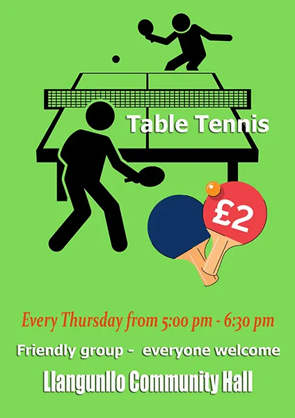 Table Tennis every Thursday at Llangunllo Community Hall from 5:00 pm